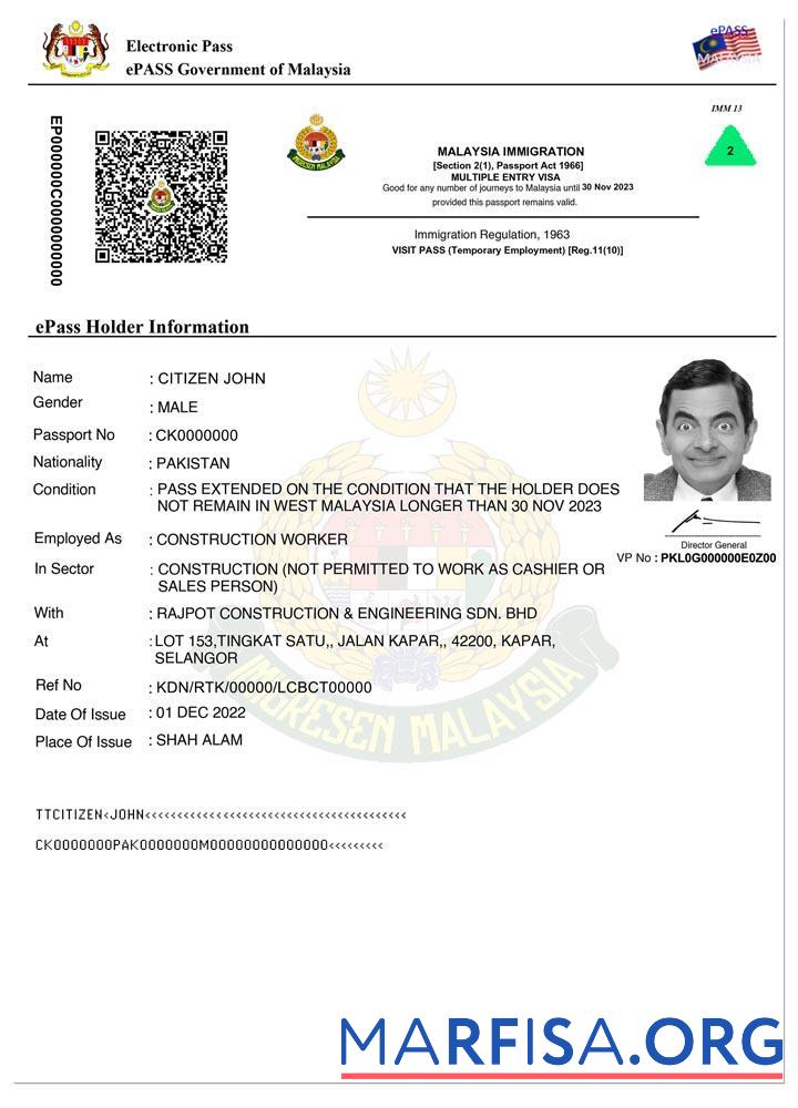 Blank Malaysia e pass entry visa template